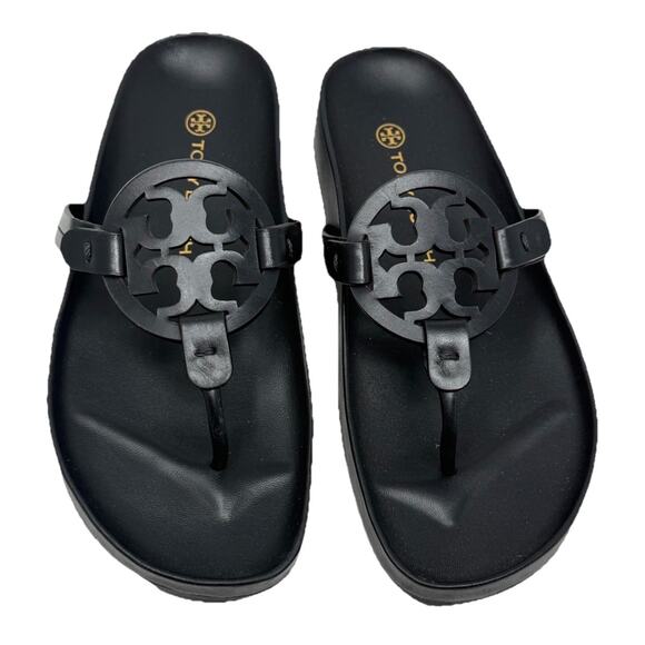 Tory Burch Miller Black Smooth Leather Sandals Sz 8  With Dust Bag - Picture 1 of 6